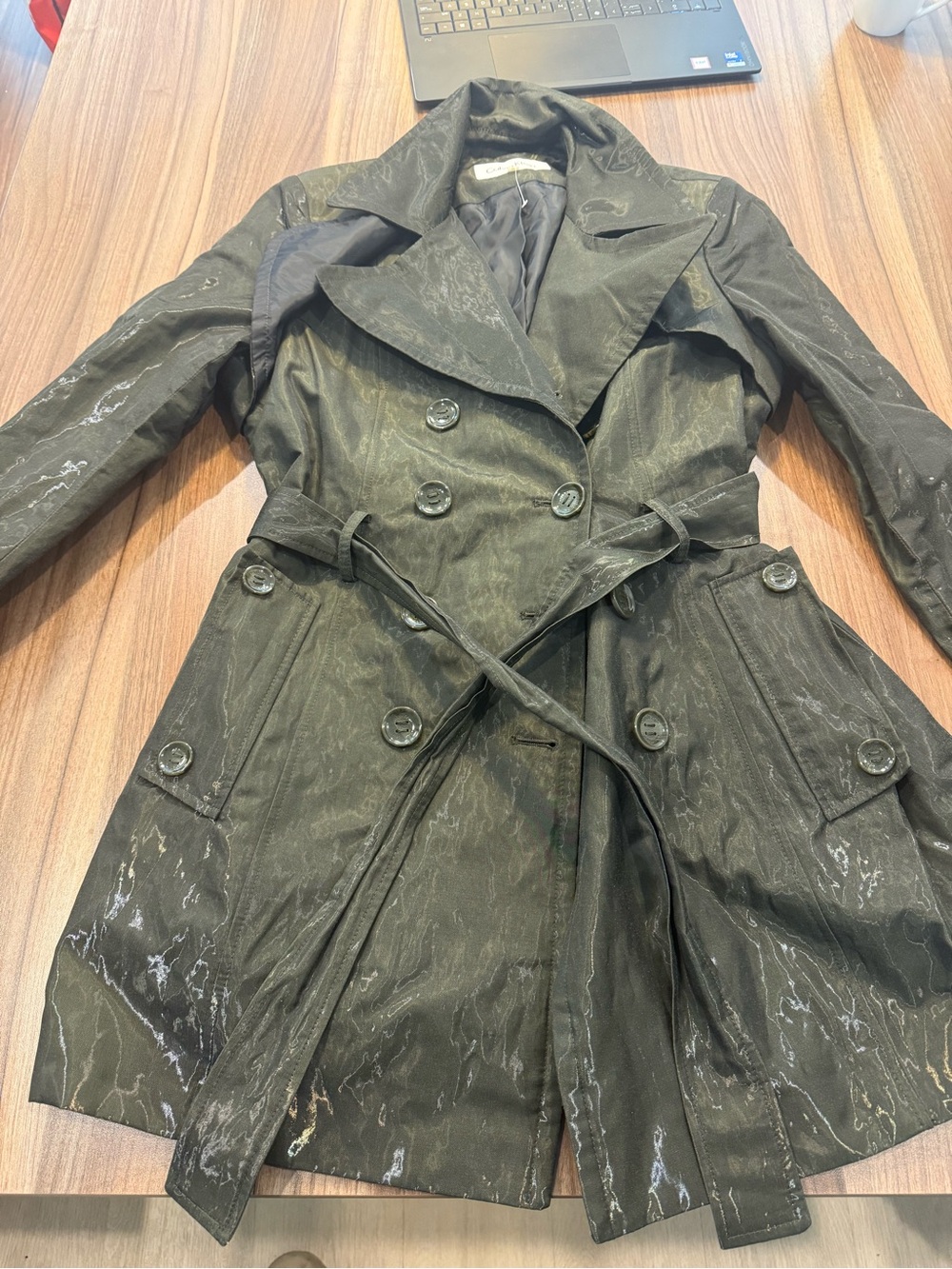 Calvin Klein Black Marble-Effect Double-Breasted Trench Coat with Belt
